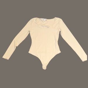 And Now This Cream Long Sleeve Square‎ Neck Thong Bodysuit